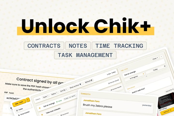 Unlock Chik+. Contracts, notes, time tracking, task management and more.